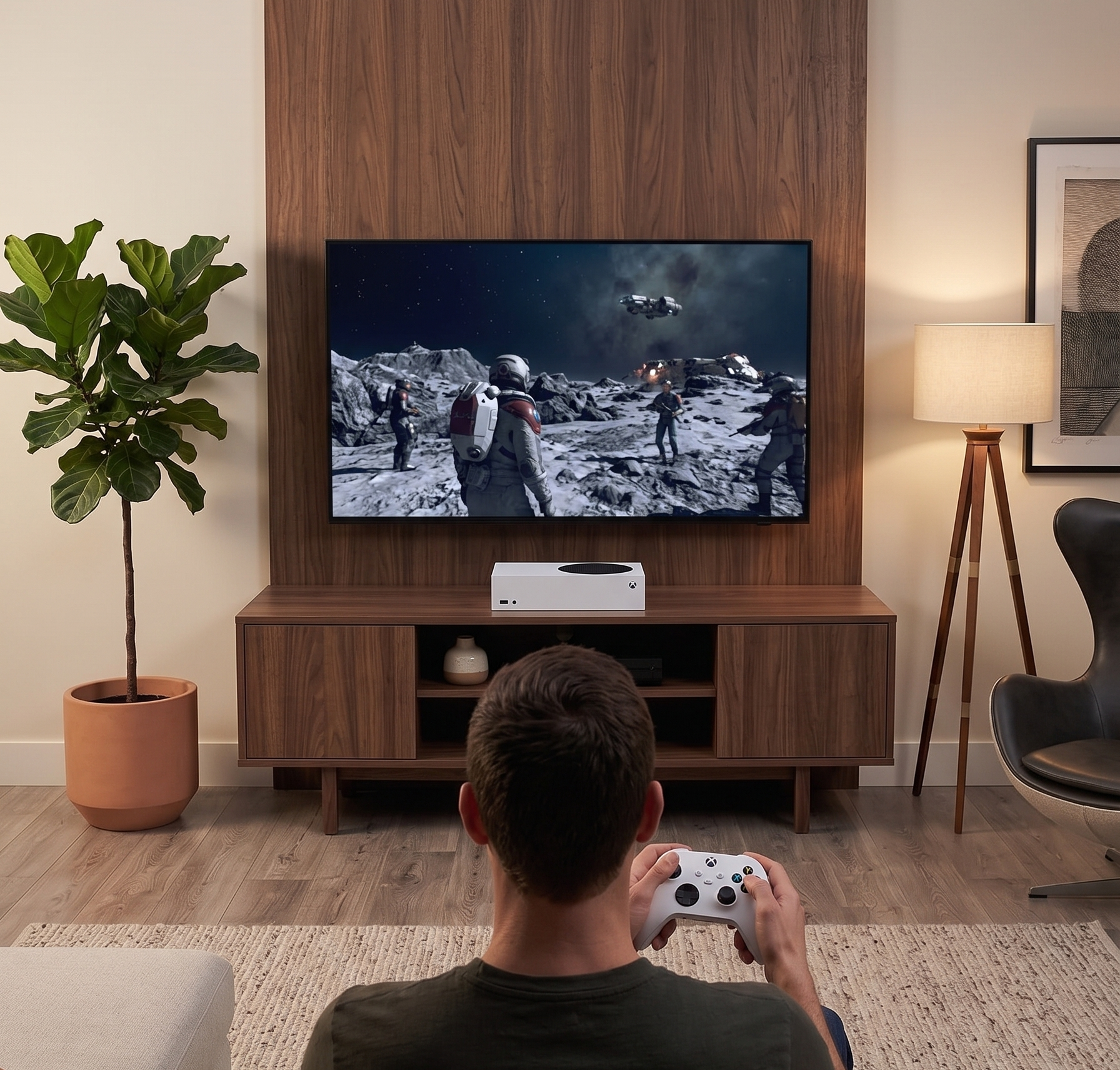 Person playing video game in stylish living room setup with large TV displaying space scene, Xbox console visible