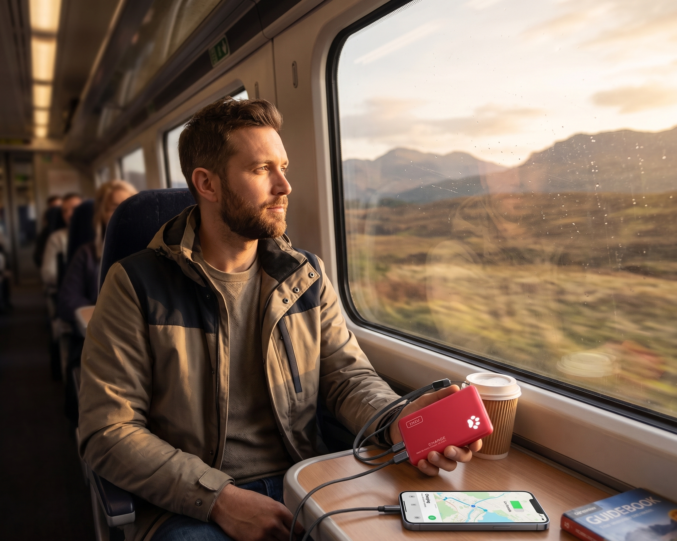 Man enjoying scenic train ride, holding a red power bank, smartphone charging, with coffee and guidebook on table