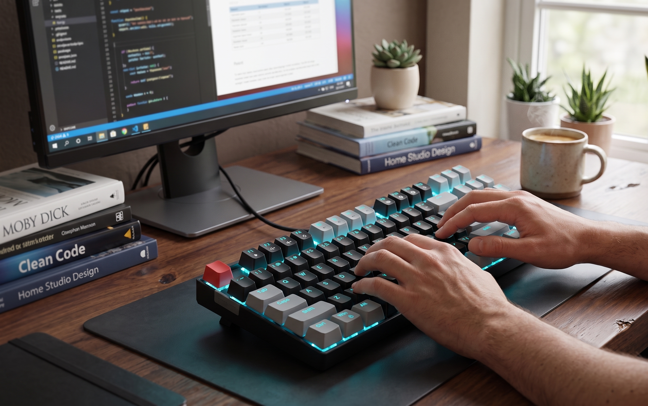 Person typing on illuminated keyboard at desk with coding on screen and books nearby