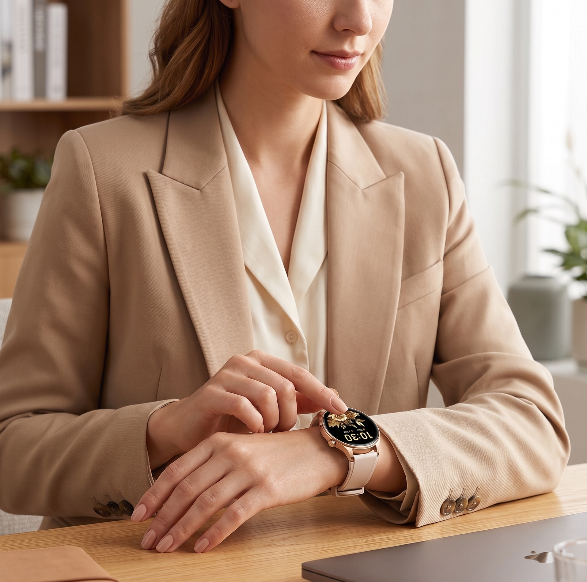 Woman in beige blazer interacting with a smartwatch at her desk, modern office setting