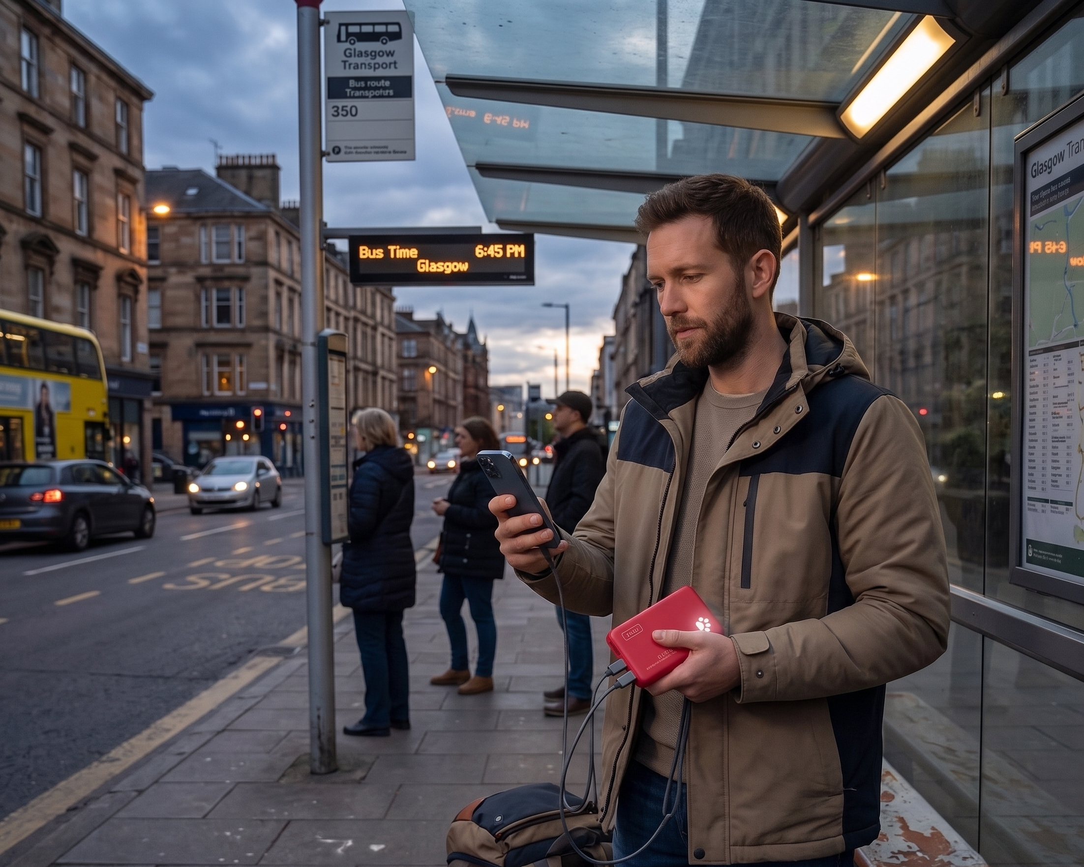 Man checking phone at Glasgow bus stop, evening city scene with commuters, traffic, and timetables in background