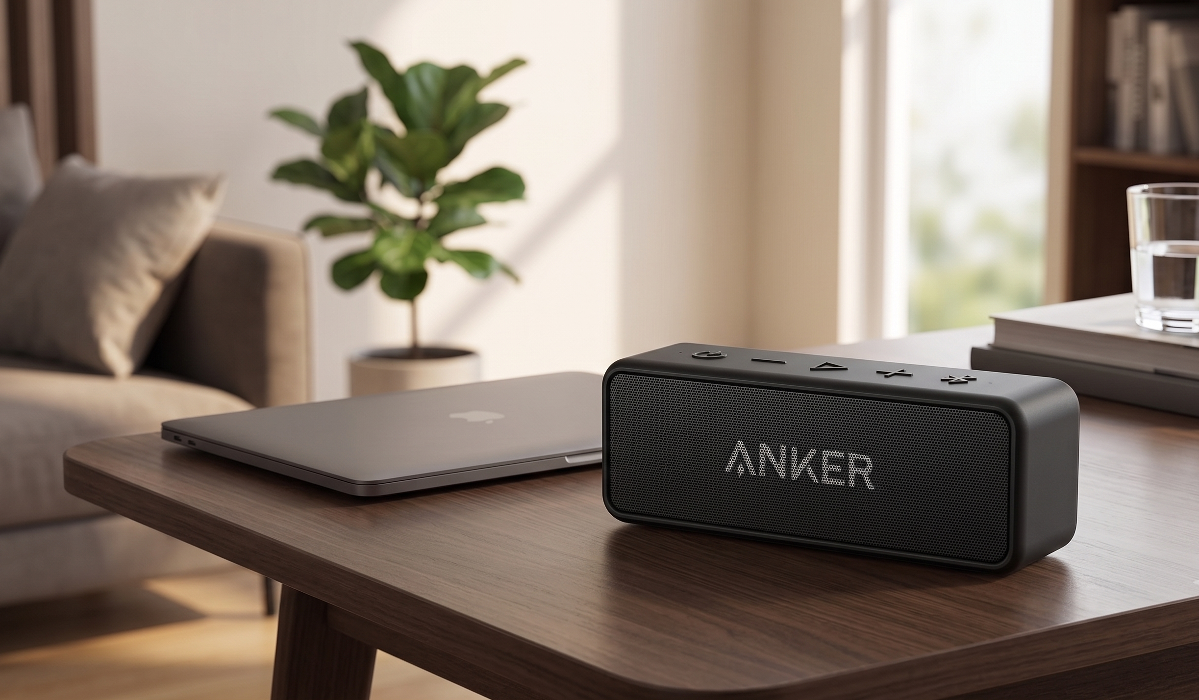Portable Anker speaker on wooden desk beside laptop in modern living room setup with plant and glass of water