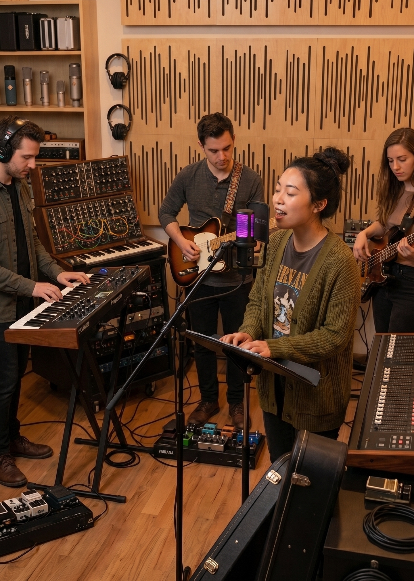 Band rehearsing in a music studio with synthesisers and guitars, lead singer by the microphone singing passionately