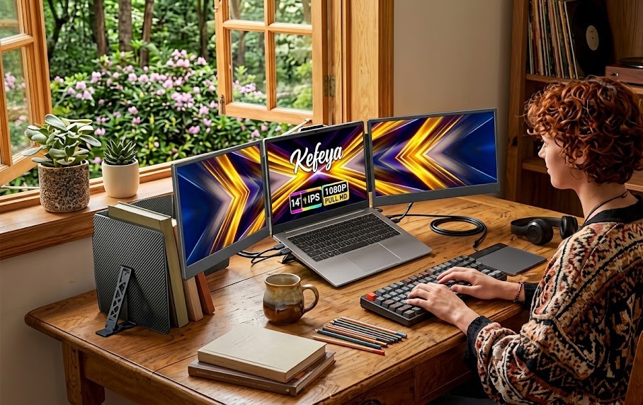 Person using triple-screen laptop setup at a wooden desk with books and plants by a window with garden view