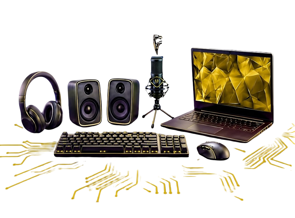 Laptop setup with headphones, speakers, microphone, keyboard, and mouse with gold circuit design